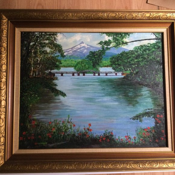 Original art painting landscape mountain bridge river flowers framed signed - Picture 4 of 8